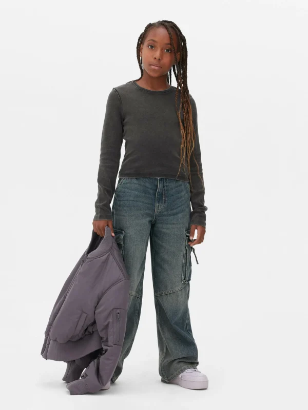 Primark Acid Wash Long Sleeve T-shirt Charcoal Hot