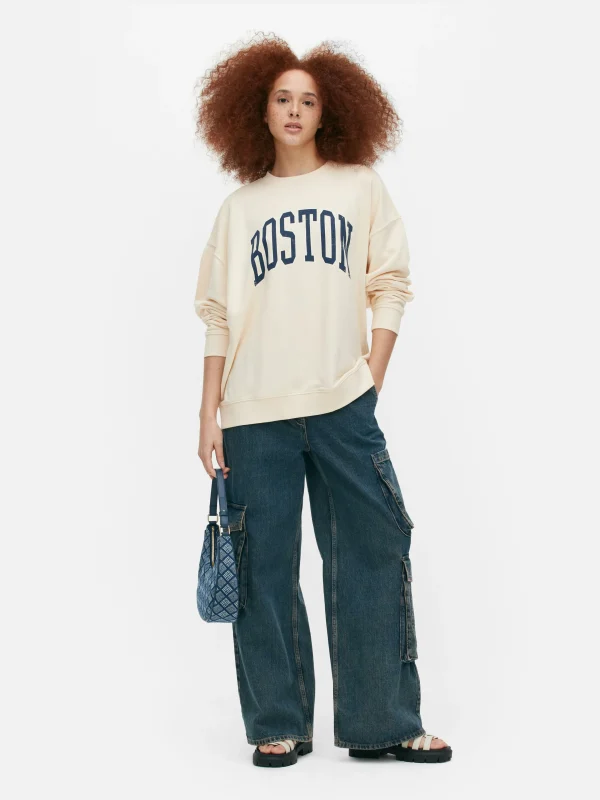 Primark Boston Print Oversized Sweatshirt Beige Best
