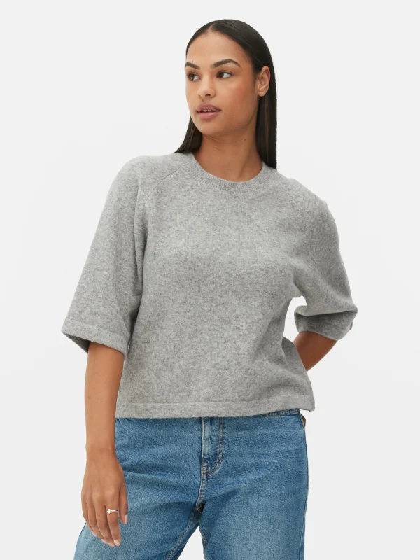 Primark Boxy Knit T-Shirt Gray Heather Cheap