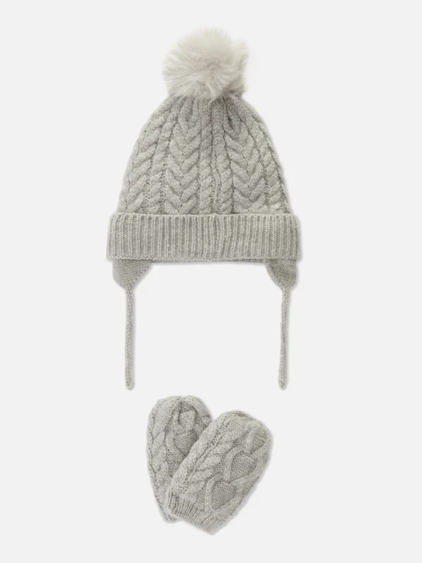 Primark Cable Knit Beanie And Mittens Set Gray Outlet