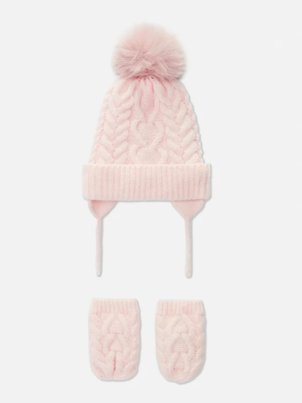 Primark Cable Knit Beanie And Mittens Set Pink Clearance