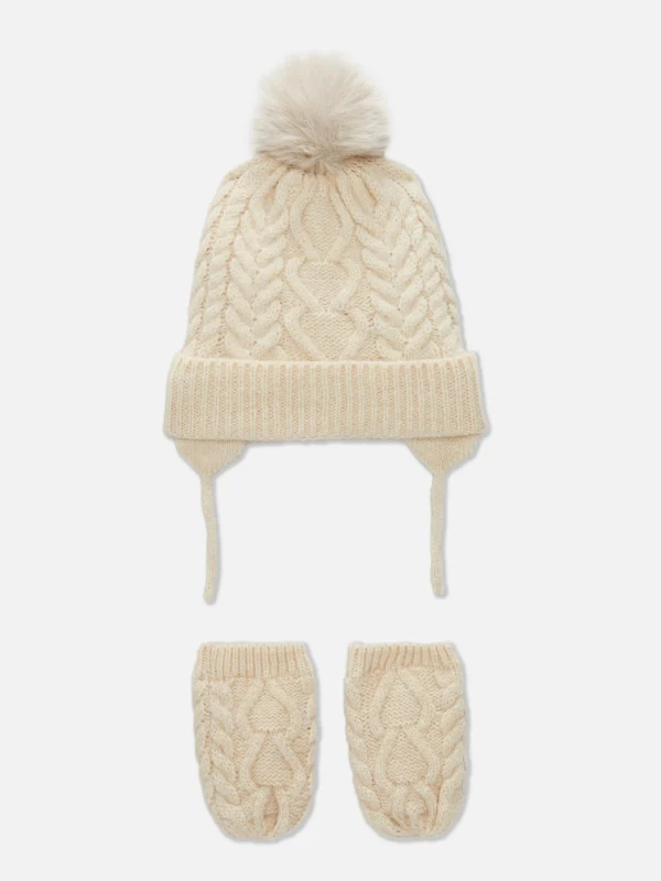 Primark Cable Knit Beanie And Mittens Set Oatmeal New