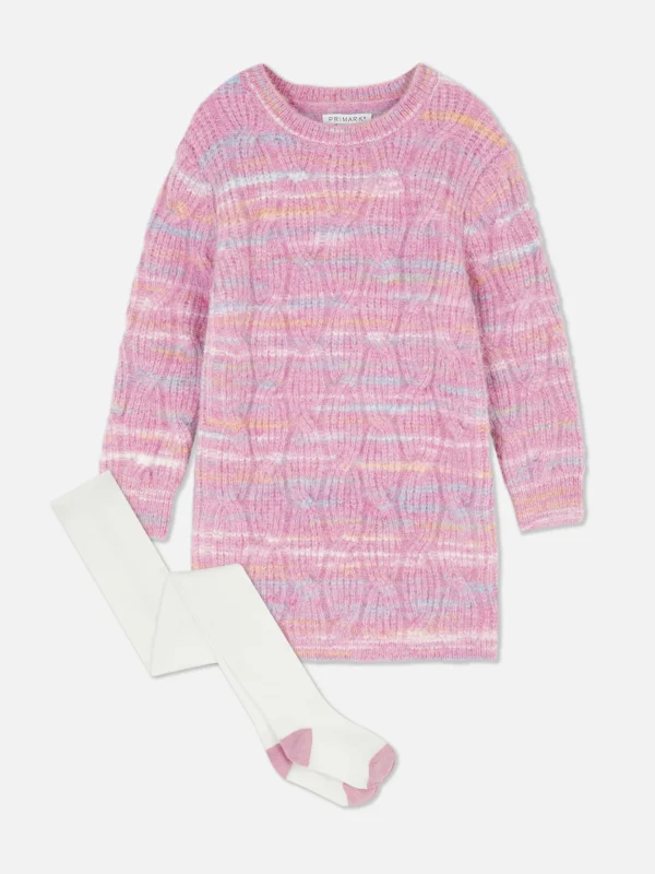 Primark Cable Knit Sweater Dress And Tights Set Multi New