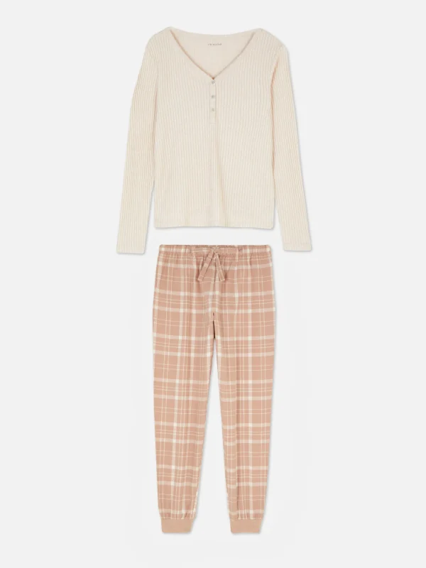 Primark Check Bottom Long Sleeve Pajama Set Brown Clearance