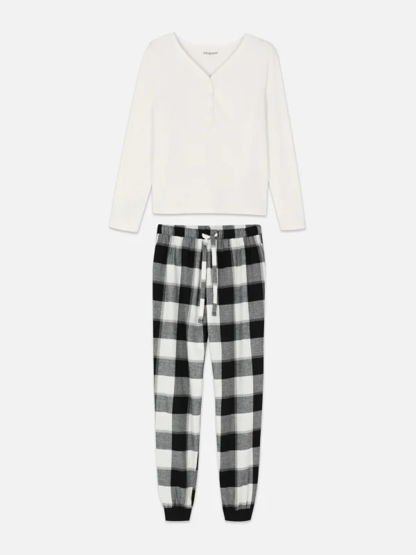 Primark Check Bottom Long Sleeve Pajama Set Black/White Sale