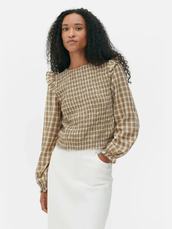 Primark Check Shirred Long Sleeve Blouse Stone Cheap
