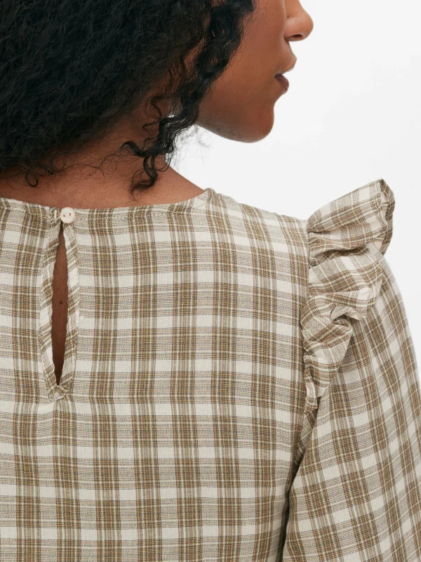 Primark Check Shirred Long Sleeve Blouse Stone Cheap