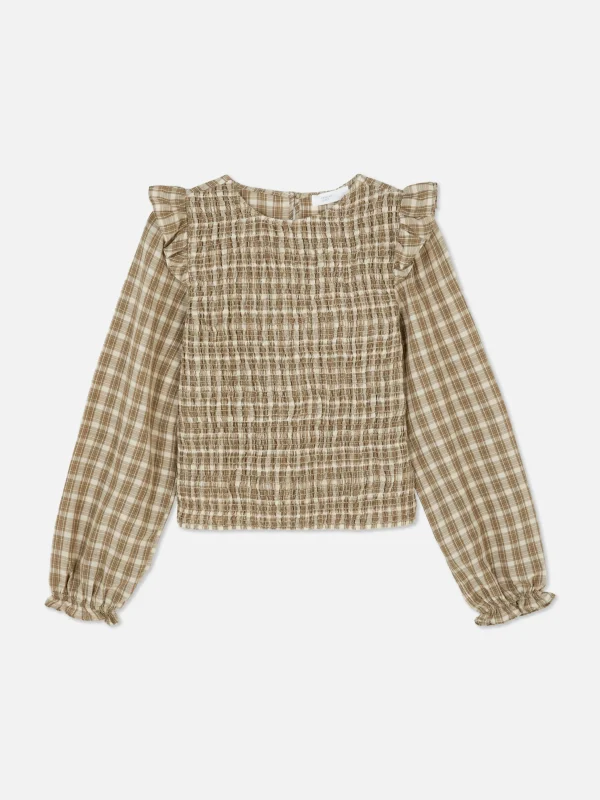 Primark Check Shirred Long Sleeve Blouse Stone Cheap