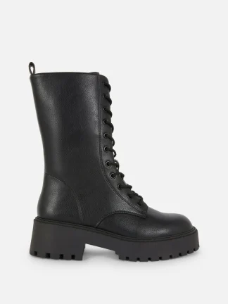 Primark Chunky Lace-Up Biker Boots Black Cheap