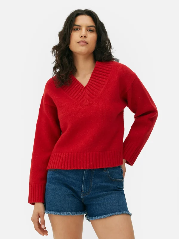 Primark Chunky V-Neck Sweater Red Fashion