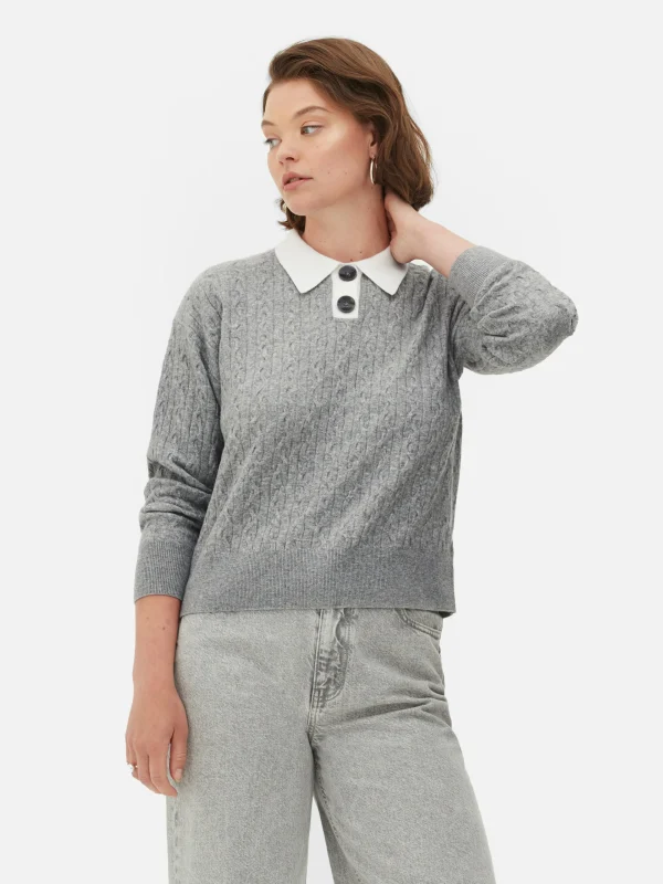 Primark Collared Cable Knit Sweater Gray Hot