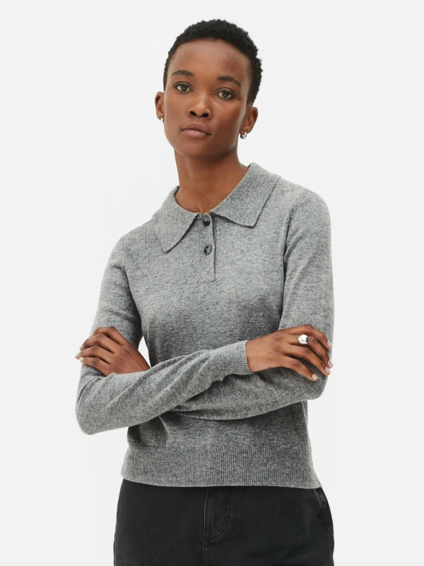 Primark Collared Long Sleeve Knit Top Gray Fashion