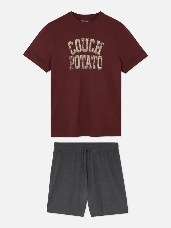 Primark Couch Potato T-Shirt And Shorts Pajamas Wine Sale