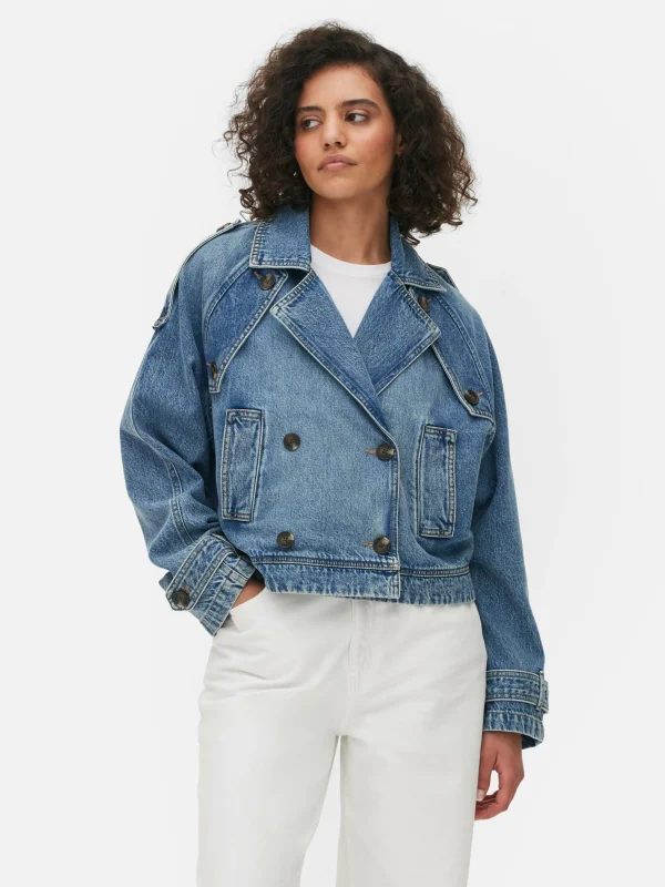 Primark Cropped Denim Trench Coat Mid Blue Fashion