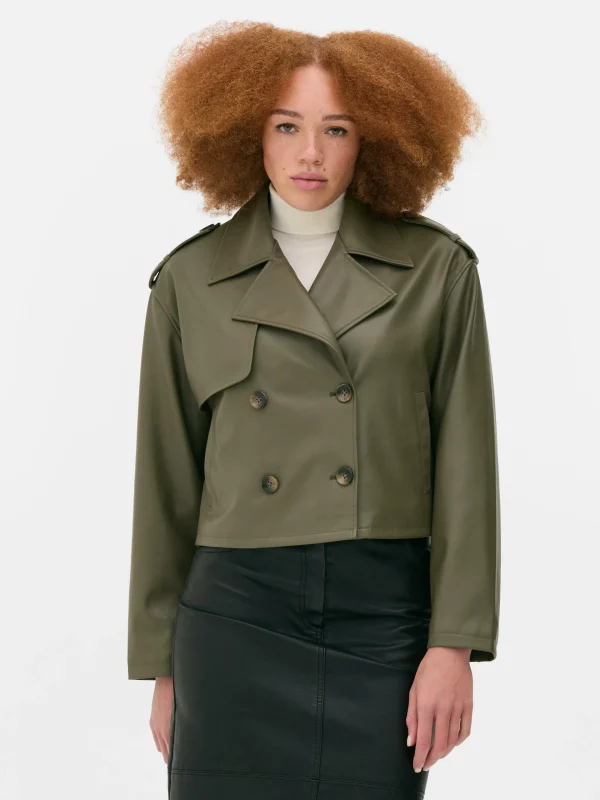 Primark Cropped Faux Leather Trench Coat Olive Hot