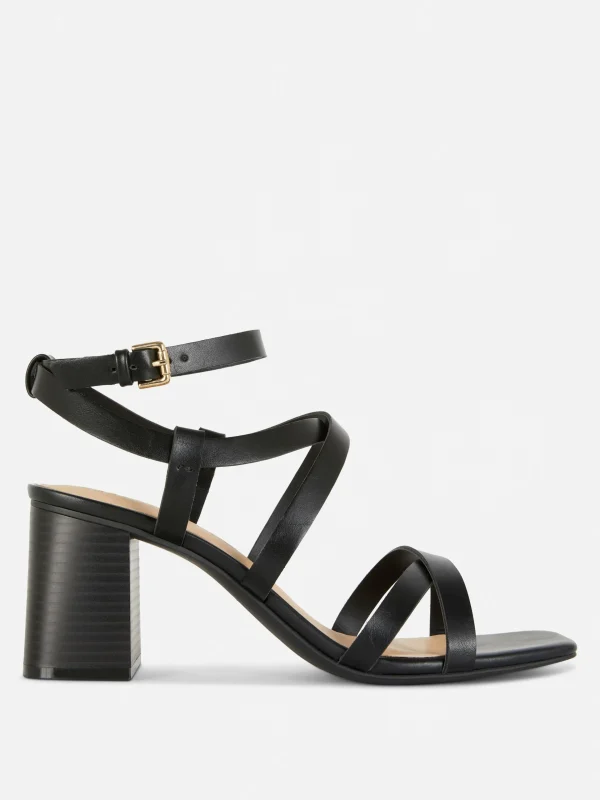 Primark Cross Strap Block Heel Sandals Black Hot
