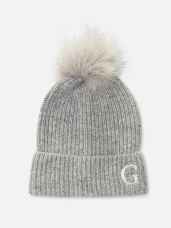 Primark Embroidered Initial Pompom Beanie Gray Outlet