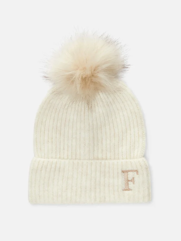 Primark Embroidered Initial Pompom Beanie Cream Fashion
