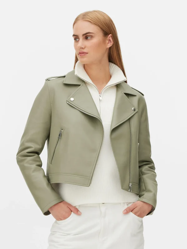 Primark Essential Faux Leather Biker Jacket Light Green Discount