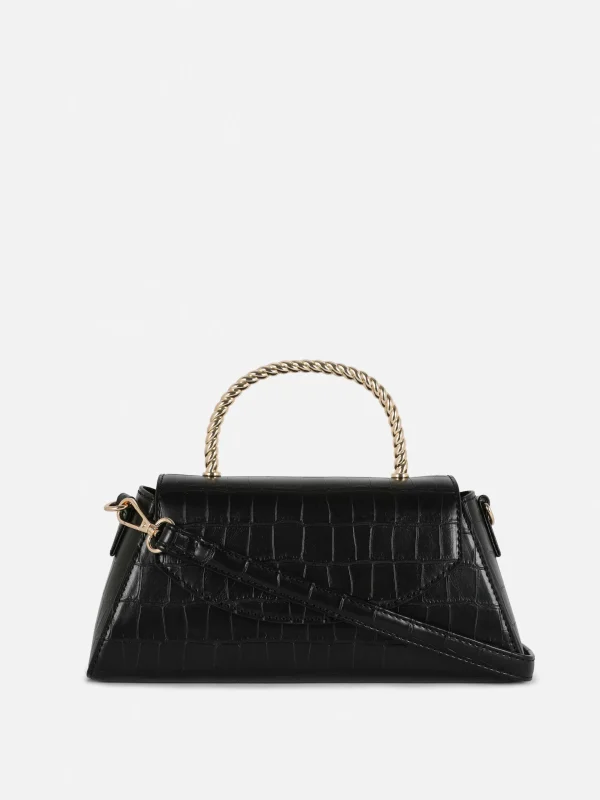Primark Faux Croc Metal Handle Crossbody Bag Black Outlet
