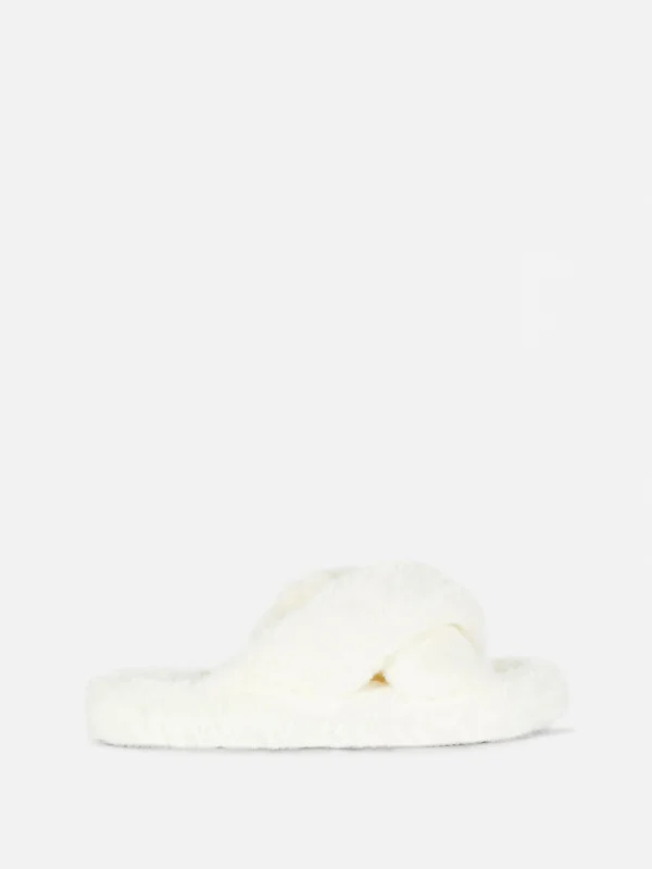 Primark Faux Fur Cross Strap Slippers Cream Clearance