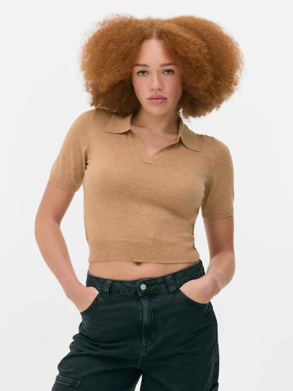 Primark Fine Knit Collared Short Sleeve Top Camel Discount