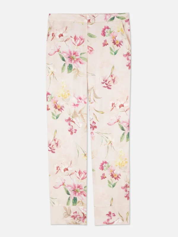 Primark Floral Satin Straight Pajama Bottoms Pink Fashion