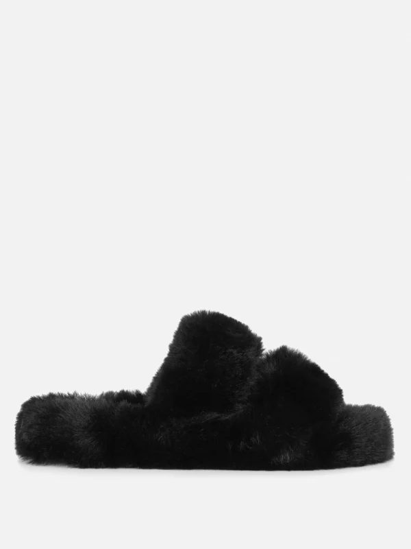 Primark Fluffy Double Strap Slippers Black Outlet