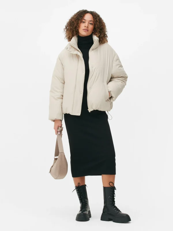Primark Funnel Neck Puffer Jacket Stone Best