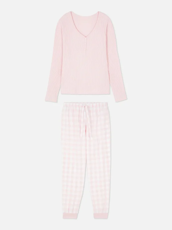 Primark Henley Top And Printed Pants Pajamas Light Pink Flash Sale