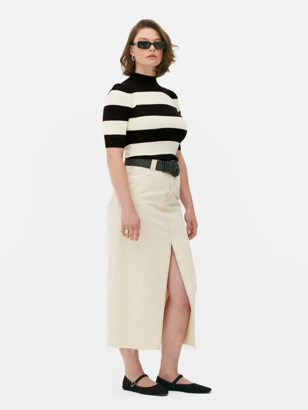 Primark High Neck Puff Sleeve Knit Top Black/White Hot