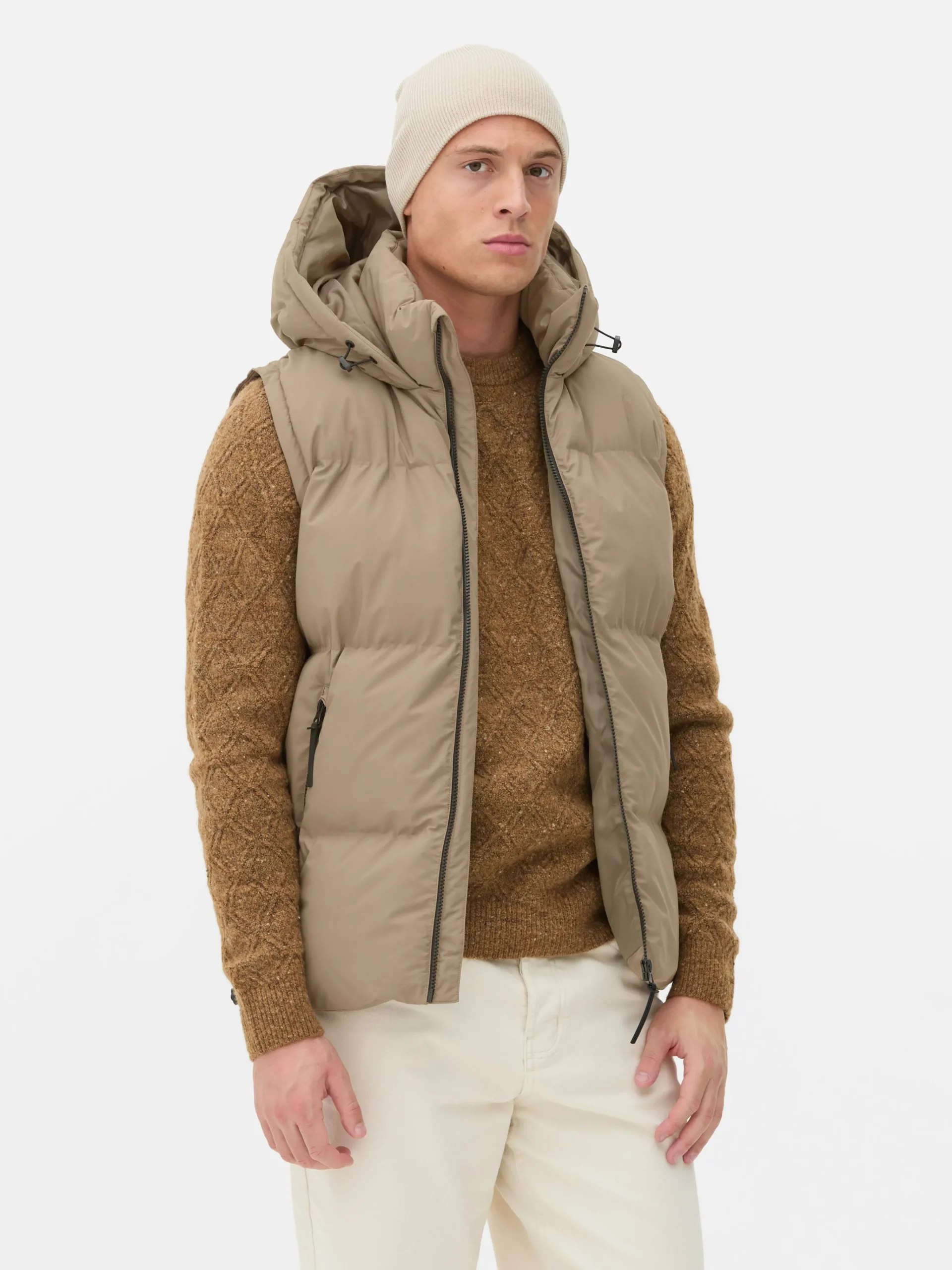 Primark Hooded Puffer Vest Tan Sale