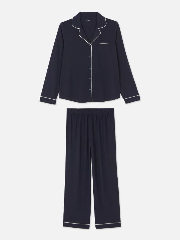 Primark Jersey Knit Long Sleeve Boyfriend Pajama Set Navy New