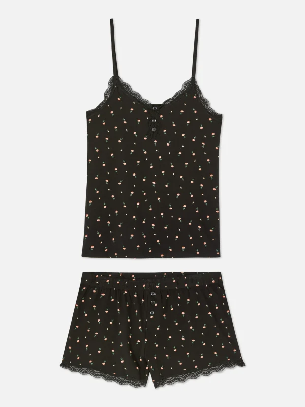 Primark Lace Trim Pajama Cami And Shorts Set Black Cheap