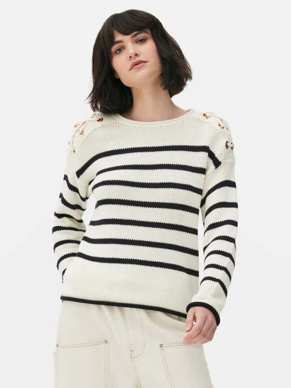 Primark Laced Shoulder Striped Sweater Ivory Hot