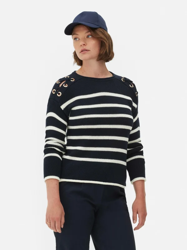 Primark Laced Shoulder Striped Sweater Navy Discount