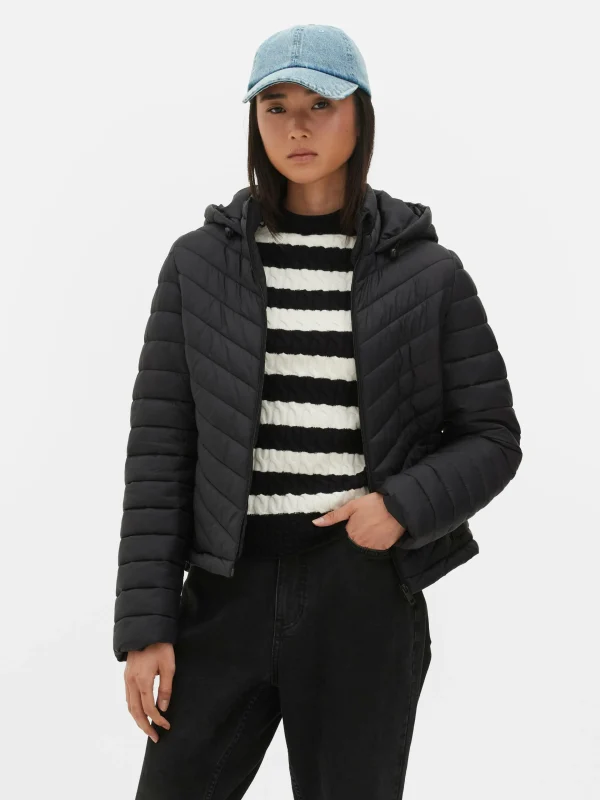 Primark Lightweight Hooded Puffer Jacket Black Sale