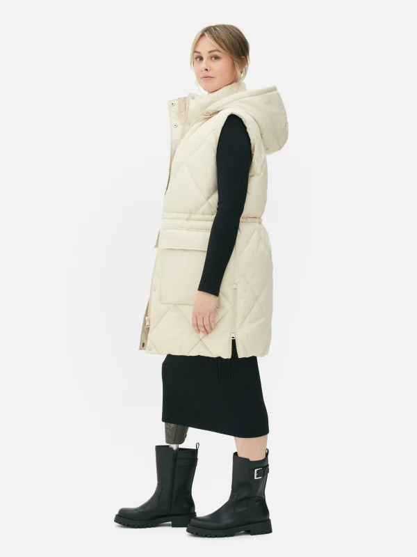 Primark Long Hooded Puffer Vest Cream Fashion