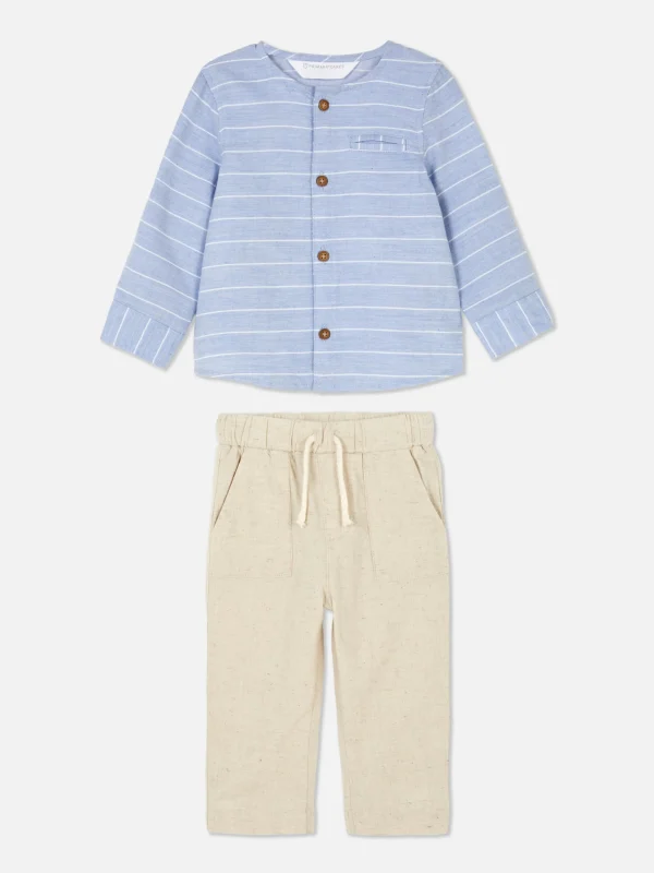 Primark Long Sleeve Shirt And Drawstring Pants Set Stone New