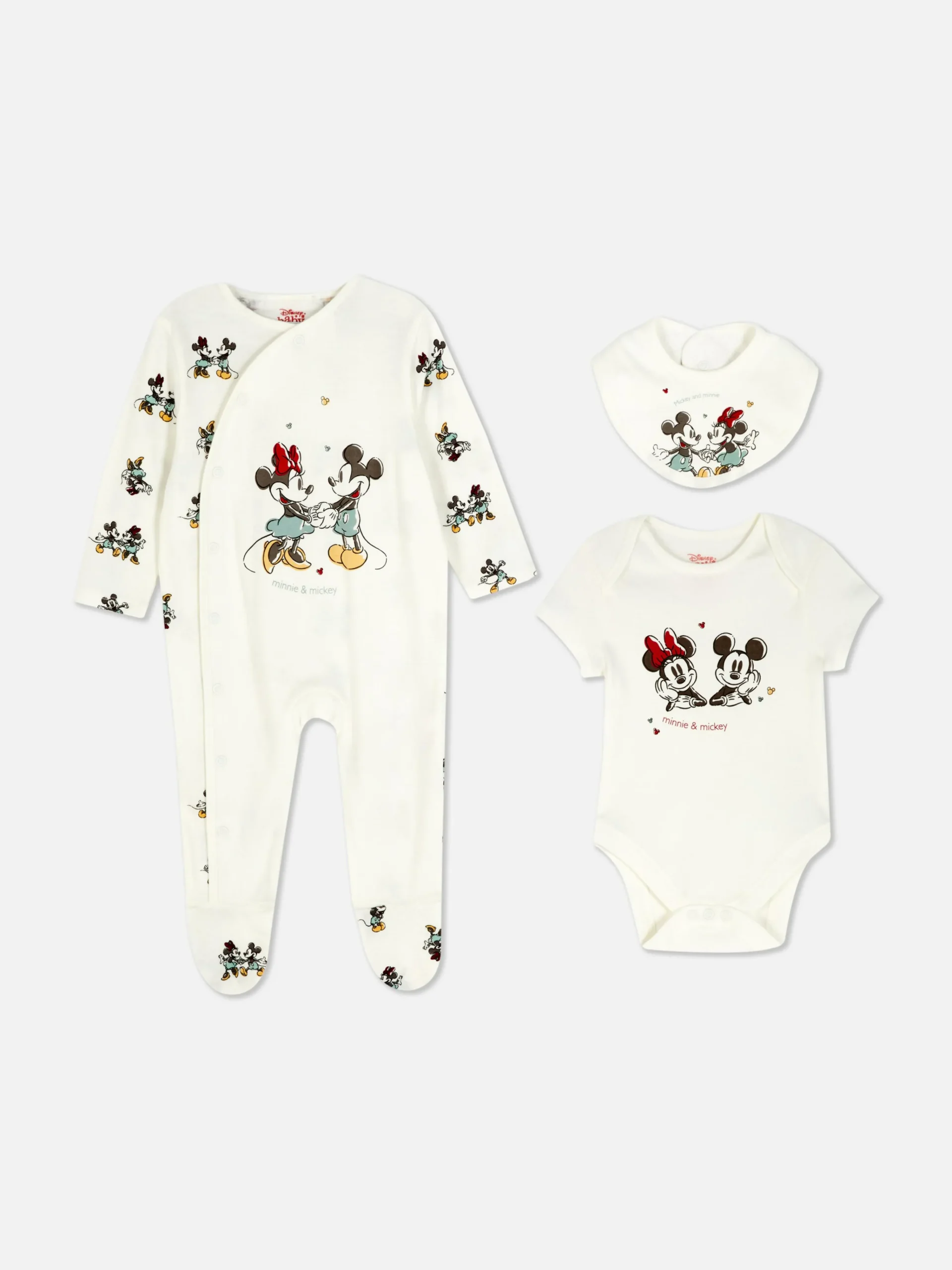 Primark Mickey And Minnie Mouse Sleeper, Bodysuit And Bib Ivory Hot