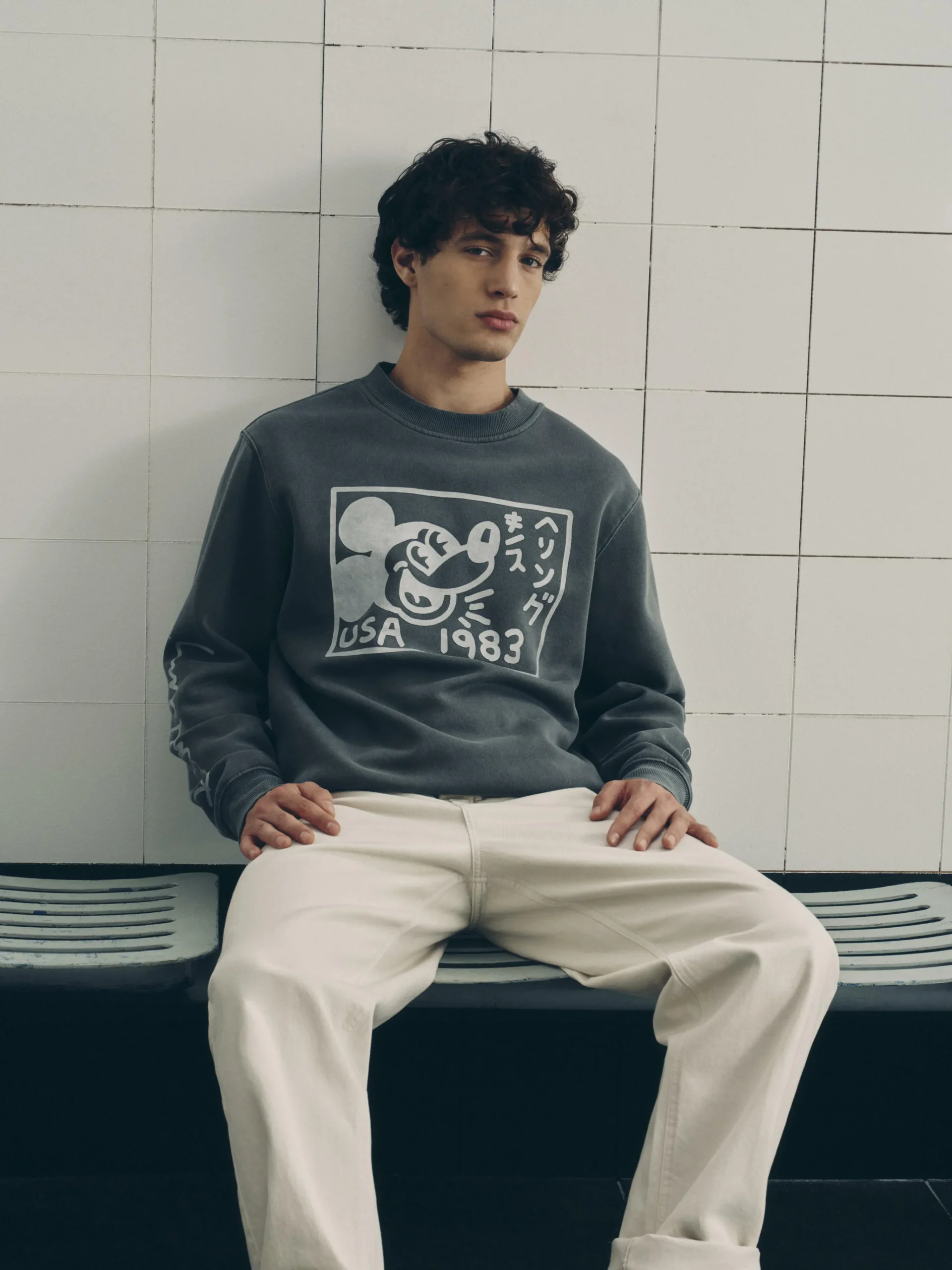 Primark Mickey Mouse X Keith Haring Acid Wash Sweatshirt Gray Discount