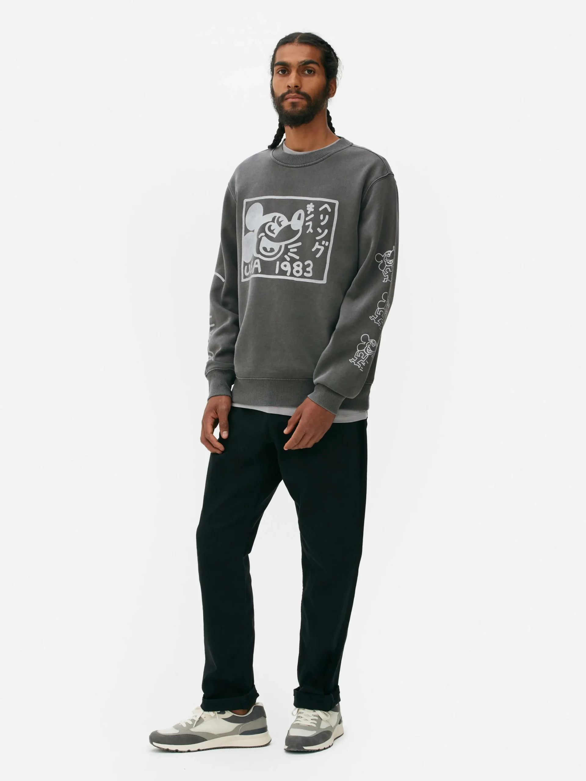 Primark Mickey Mouse X Keith Haring Acid Wash Sweatshirt Gray Discount