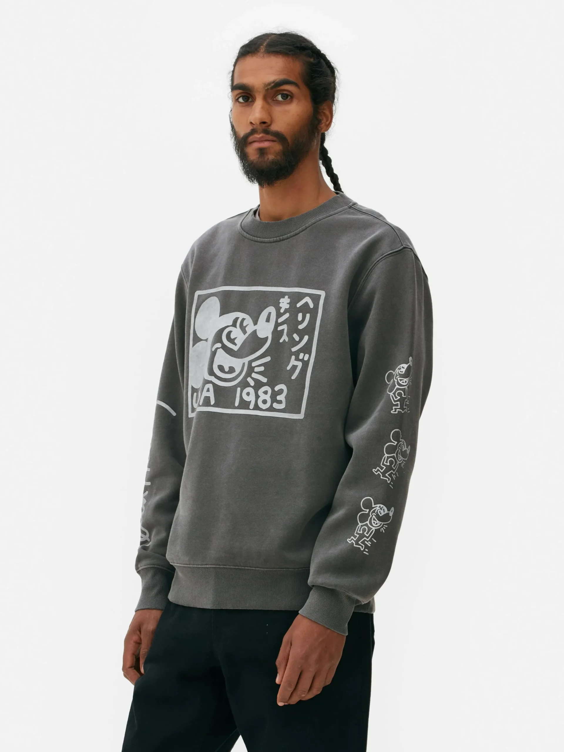 Primark Mickey Mouse X Keith Haring Acid Wash Sweatshirt Gray Discount