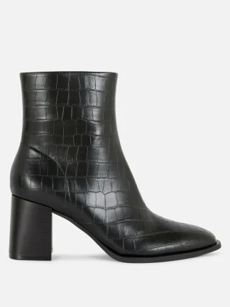 Primark Mock Croc Faux Leather Heeled Boots Black Clearance