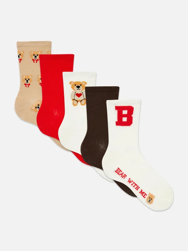 Primark 5-Pack Bear Graphic Crew Socks Red Clearance