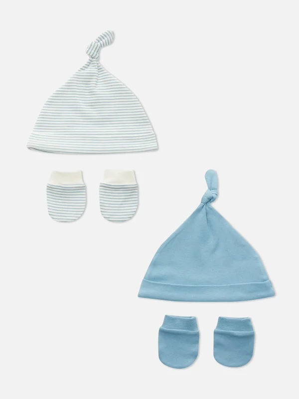 Primark 2-Pack Cotton Hat And Mittens Set Blue Cheap