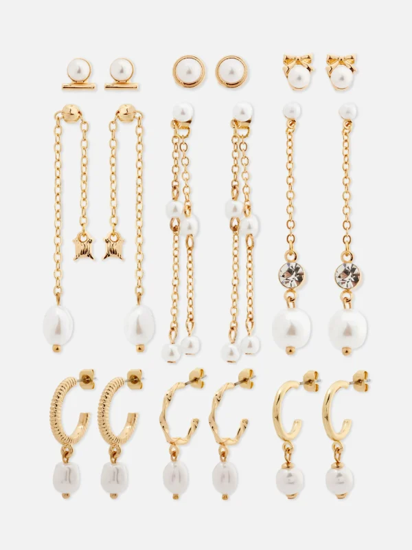 Primark 9-Pack Faux Pearl Stud And Duster Earrings Yellow Online