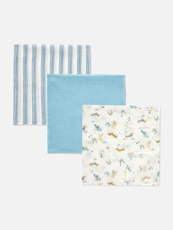 Primark 3-Pack Mixed Muslin Squares Blue Outlet