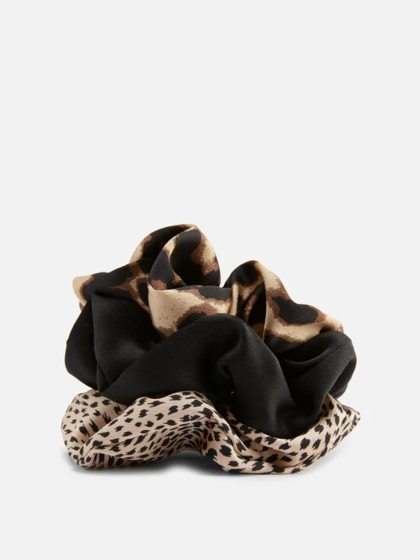 Primark 3-Pack Satin Animal Print Scrunchies Brown New