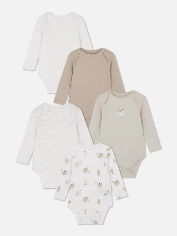 Primark 5-Pack Sheep Long Sleeve Bodysuits Taupe Clearance